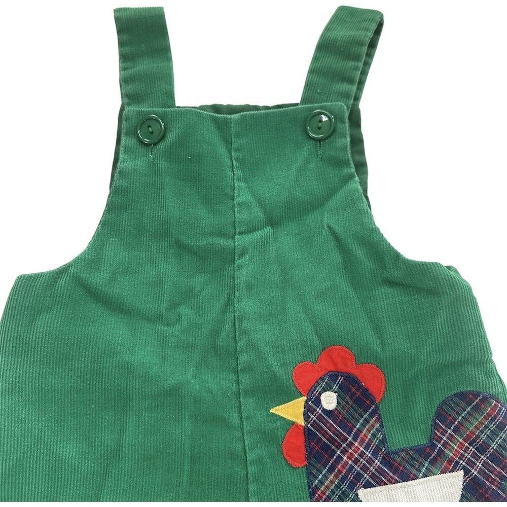 Vintage Green Corduroy Baby Overalls Rooster Plaid Appliqué Snap Legs 12-18 M T2 - Picture 3 of 12
